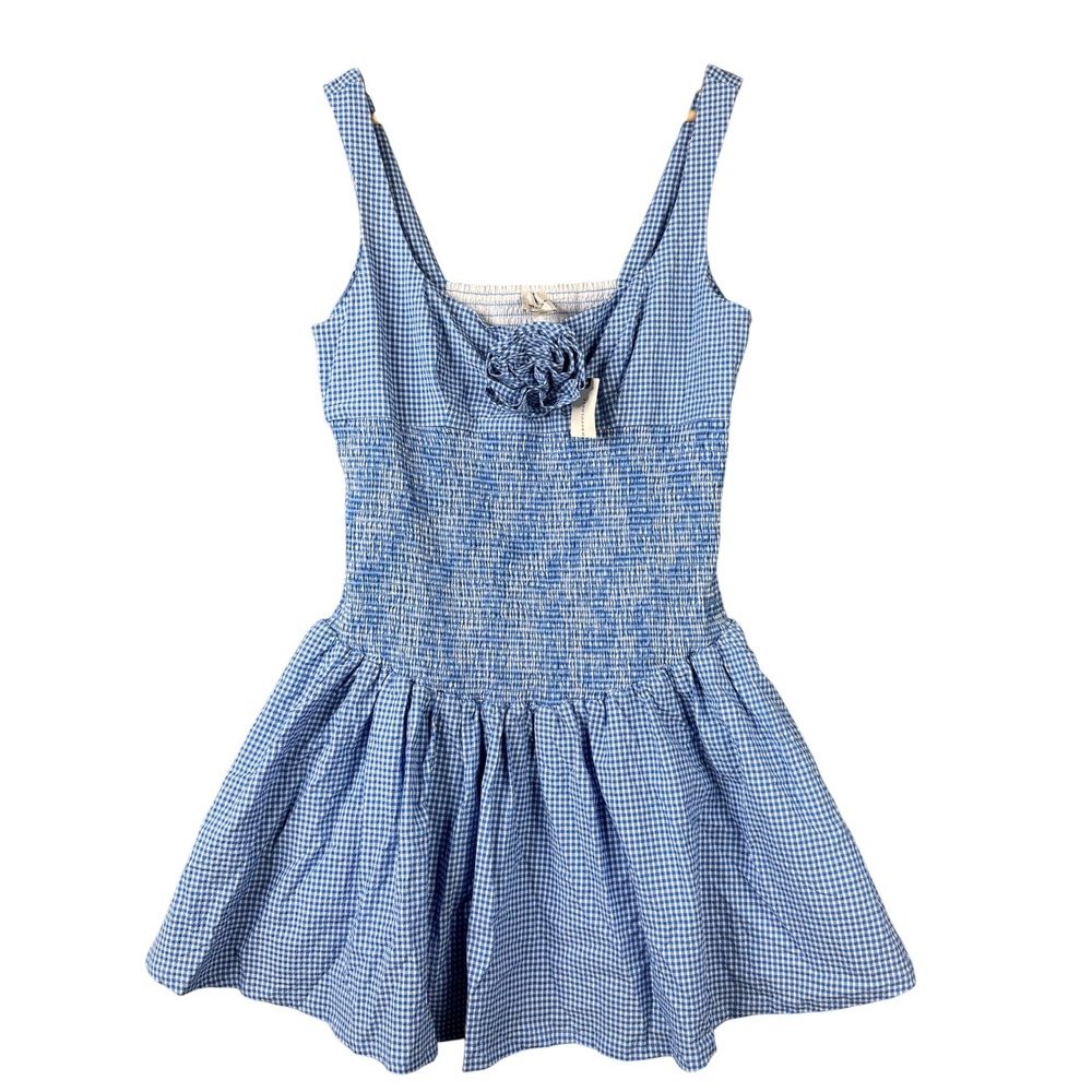 Maeve Anthropologie Blue Gingham Smocked Rosette Mini Dress Size M NEW